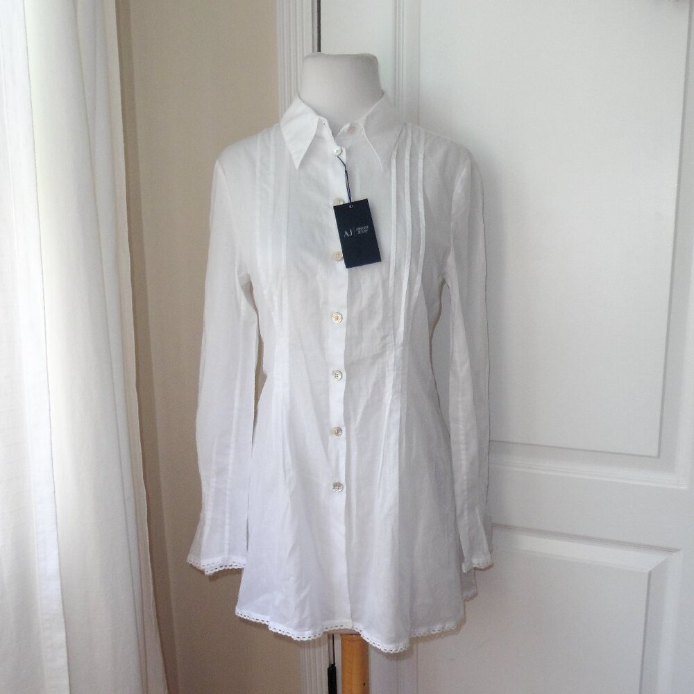 Armani Jeans White Fit & Flare Long Cotton Blouse Top Lace Trim NWT Size 2